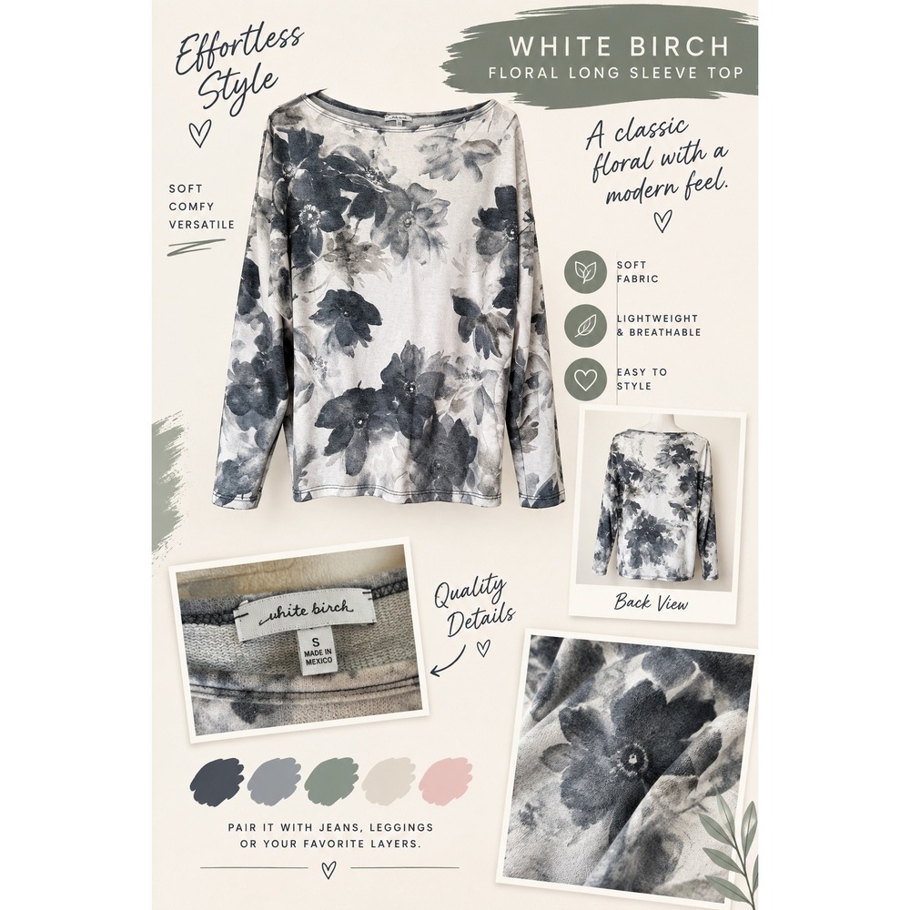 White Birch Women's Small Gray Watercolor Floral Long Sleeve Boat Neck Top